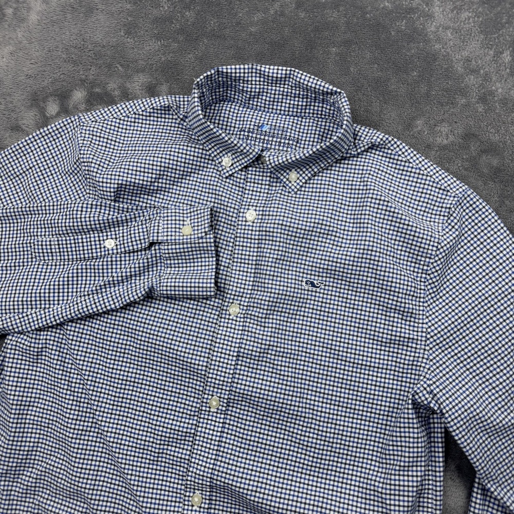 Vineyard Vines Shirt Boys Large Blue Black Plaid On The Go Performance Button Up